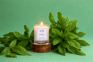 Candle with a wooden base surrounded by mint leaves on a green background