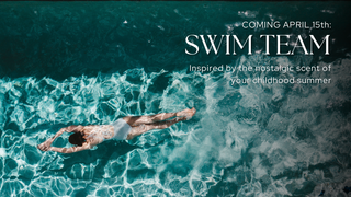 Person swimming in clear blue water with promotional text for 'Swim Team' on a dark background